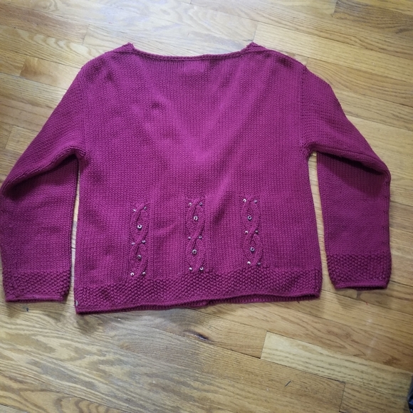 Pure Handknit Big Button M/L Bead Vneck Dark Fuscia Cotton Knit Cardigan Sweater - Picture 6 of 11